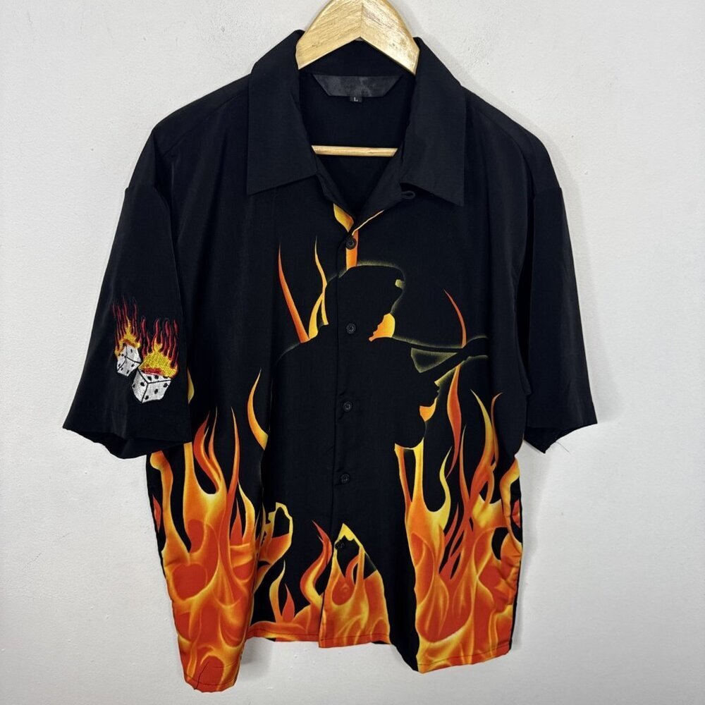 Vintage Rock House Men L Bowling Style Short Sleeve Shirt Guitar Dice Flames‎